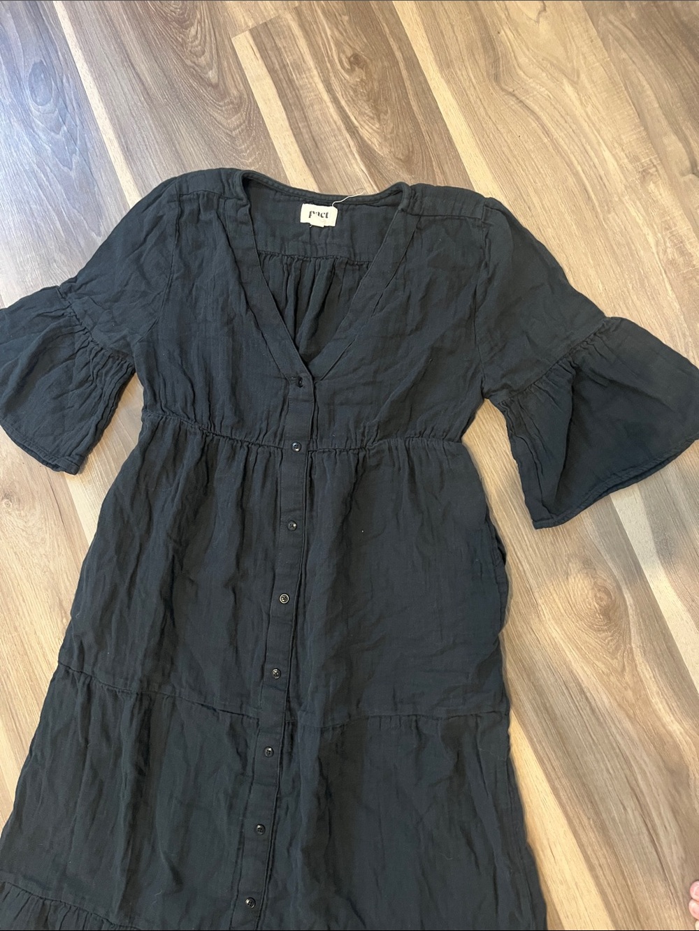 Womens PACT 100% Cotton Black Button-Front Tiered Dress - Picture 2 of 8